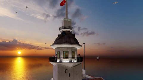 View of the Maiden's Tower or Leander's Tower also known as Kız Kulesi. Sunset sky, Sunny summer  day in Istanbul. Panorama of Bosporus, Turkey. 3D Animation.