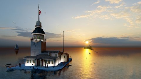 View of the Maiden's Tower or Leander's Tower also known as Kız Kulesi. Sunset sky, Sunny summer  day in Istanbul. Panorama of Bosporus, Turkey. 3D Animation.