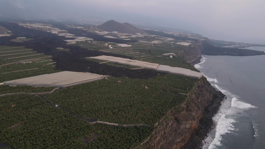 Environmental disaster caused by lava after Cumbre Vieja volcano eruption, La Palma island. Aerial view