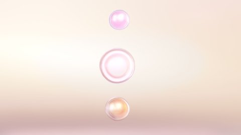 3D Animation Cosmetics Metaball. 3 vitamins are merging, floating on bright background. Combination Serum, Moisturizer for Cosmetic product. Fluid liquid blob, metaball morphing animation.