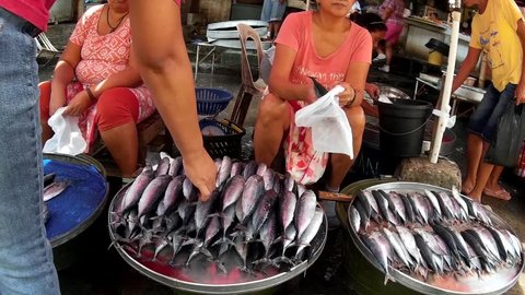 LAGUNA, PHILIPPINES - JULY 16, 2015: Tuna fish sold at street wet market due to lack of market facilities
