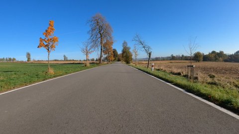 Car drive in fall autumn landscape, POV view from car, fall colored trees in countryside landscape with blue sky in sunny day.