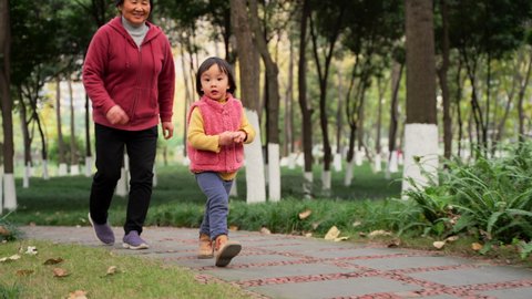 happy little asian girl playing with her grandmother outdoor in the autumn park active senior woman running after her granddaughter outdoor healthy relax family lifestyles old and young 4k footage