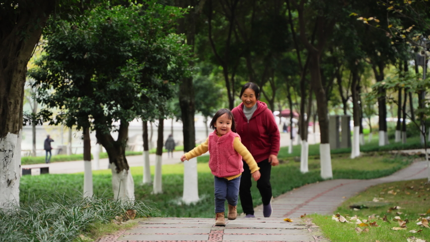 happy little asian girl playing with her grandmother outdoor in the autumn park active senior woman running after her granddaughter outdoor healthy relax family lifestyles old and young 4k footage Royalty-Free Stock Footage #1082193101