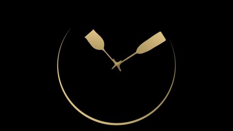 Time to drink. A plate with a clock. Golden plate with wine glasses as a watch hand. Loopable graphic element on black background