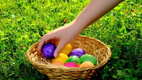 Easter holiday tradition. Easter Egg Hunt.Child's hand puts egg in basket. Colorful easter eggs. Child  collect Easter eggs in the spring garden. Spring religious holiday
