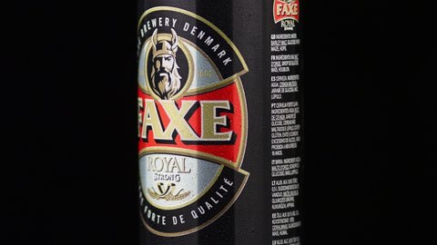 LVIV, UKRAINE - October 13, 2021: Faxe Danish strong beer in a tin can