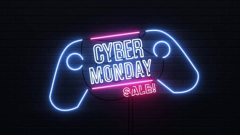Cyber Monday sale neon sign joy stick banner background for promo video concept of sale and clearance. Cyber Monday sale video.