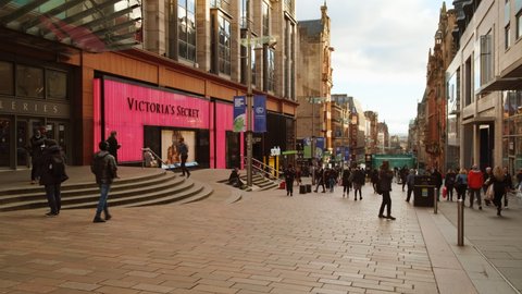 GLASGOW, NOV 2021 - Wide view of Buchanan Street in Glasgow, Scotland, UK, the city that played host to COP 26, the UN Climate Change Conference