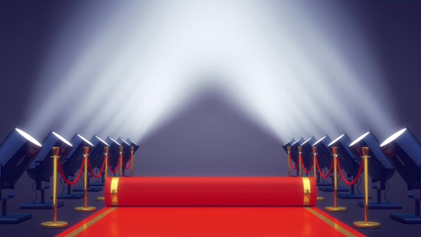 Rolling out the red carpet with spotlights. Movie premiere or opening night live event concept