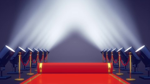 Rolling out the red carpet with spotlights. Movie premiere or opening night live event concept
