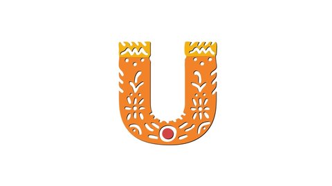 Letter U. Ethnic ornament, national pattern in letter. 3 colors. 4K video. Isolated on white background. Cartoon Animation. Capital Letter U for education, erudition, ABC, software, interface game.