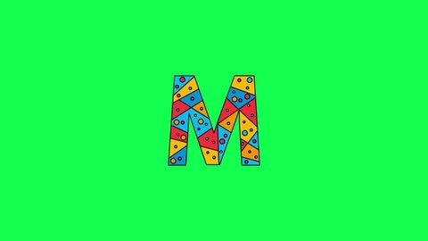 Letter M. Animated unique font made of circles and triangles, polygons. Bauhaus geometric mosaic style. Bright colors. Letter M for icons, logos, interface elements. Green chromakey background, 4K