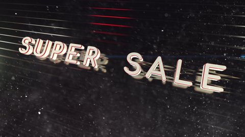 super sale arrives bright white lettering on a dark metal background, falling snow, 3d animation, 4k, sale, promotions