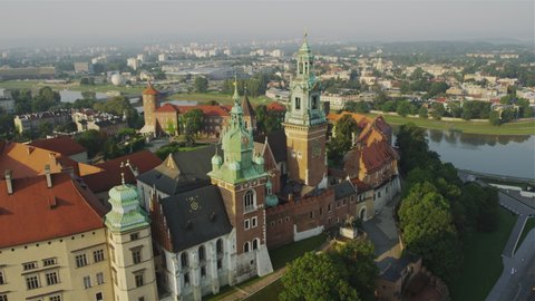 Aerial view of Krakow, Poland. Wawel Hill with Castle and historical buildings surrounded by Vistula River
