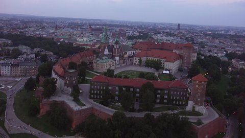 Aerial view of Krakow, Poland. Wawel Hill with Castle and historical buildings surrounded by Vistula River