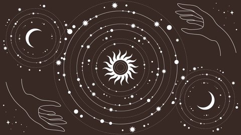 2d abstract animation in tatoo style. The minimalist astrological white sun is spinning. Mystical esoteric astrology stars moving in a circle. Moon , sun, and stars on nude  dark skin tone background.