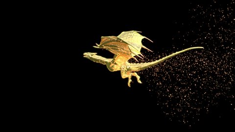 Golden Dragon flying and waving his wings, emitting gold dust. Production Quality footage in 4k Resolution, ProRes 4444 codec with alpha channel, 30 FPS. Seamless Loop.
