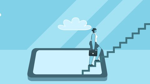 Businesswoman with Briefcase Climbing Stairs from Smartphone. Success and Business Concepts. Flat Design Cartoon Character Isolated Loop 2d Animation