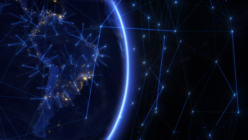 Animation of Earth Rotating. South America  Map with Bright Technology Connections and City Lights. Blue Lines and Nodes Representing Satellite and Mobile Signals.  | Shutterstock HD Video #1082217467
