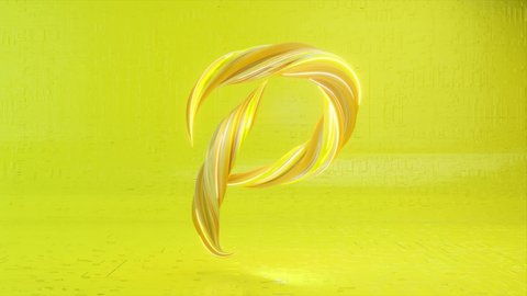 Collection Living Alphabet. Unique twisted letters. Yellow color. Letter P. 3d animation of seamless loop