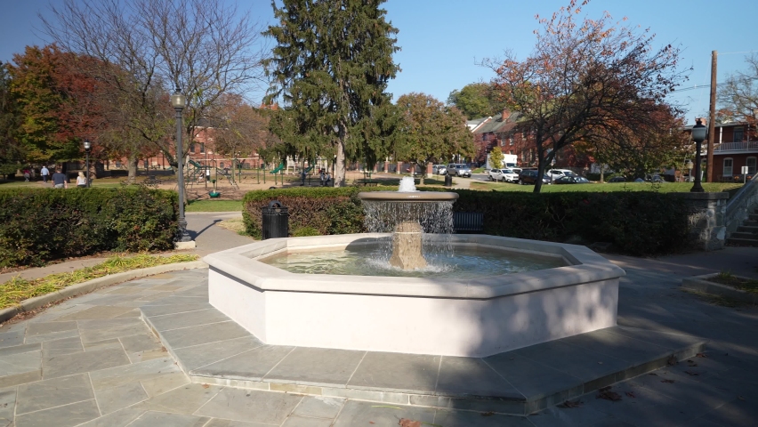 Fountain in Baker Park Memorial Carillon Bell Tower in downtown Frederick, Maryland
