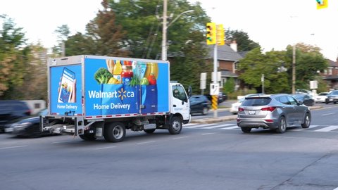 TORONTO, CANADA on Sept 20th: Walmart home delivery van in Toronto on Sept 20th, 2021. Walmart Canada is the Canadian subsidiary of Walmart which is headquartered in Mississauga, Ontario.