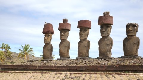 Moai statues in Anakena, Rapa Nui, Easter Island, Chile. The giant sculptures of Rapa Nui or Easter Island called Moai in Anakena beach. 