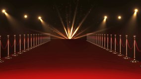 Animation of purple particles moving over red carpet venue with spotlights. entertainment, awards ceremony, event and celebration concept digitally generated video.
