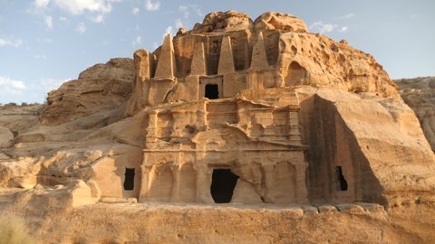 The Obelisk Tomb in ancient Petra, Jordan. Originally known to Nabataeans as Raqmu - historical archaeological city in Hashemite Kingdom of Jordan.