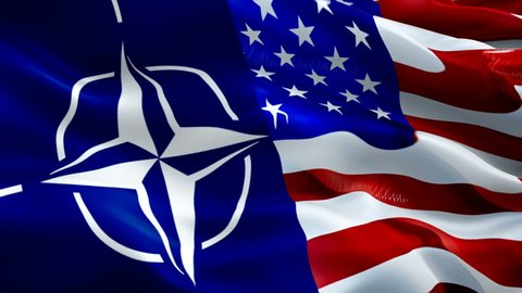 NATO and USA flag. National 3d NATO flag waving. Sign of North Atlantic Treaty Organization vs United States seamless animation. NATO flag HD resolution Background 1080p Full HD -New York,4 May 2019
