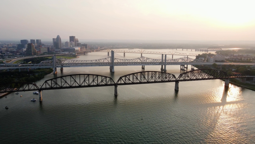 Aerial drone view of bridges between Louisville and Jeffersonville, sunset in USA