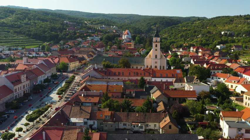Rotating drone shot of the Church of Holy Trinity in Svätý Jur or Saint George in Bratislava