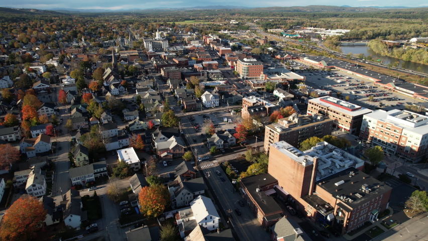 Downtown Concord, New Hampshire. Drone Aerial View of City Central Neighborhood on Sunny Autumn Day