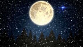 Animation of snow falling over full moon, stars and christmas trees on blue background. christmas, tradition and celebration concept digitally generated video.