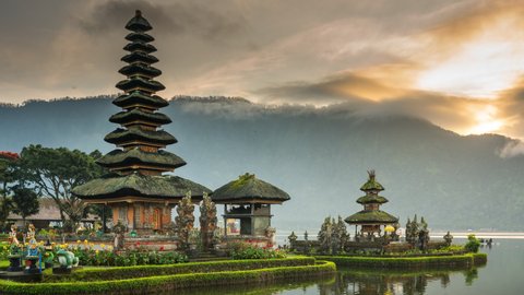 Pura Ulun Danu temple on the lake Bratan in Bali, Indonesia is a major water temple on Bali. Bali Attractions and landmarks in 4k