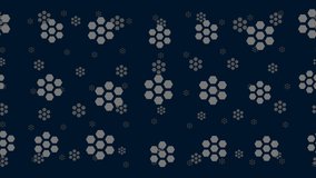 Hive symbols float horizontally from left to right. Parallax fly effect. Floating symbols are located randomly. Seamless looped 4k animation on dark blue background