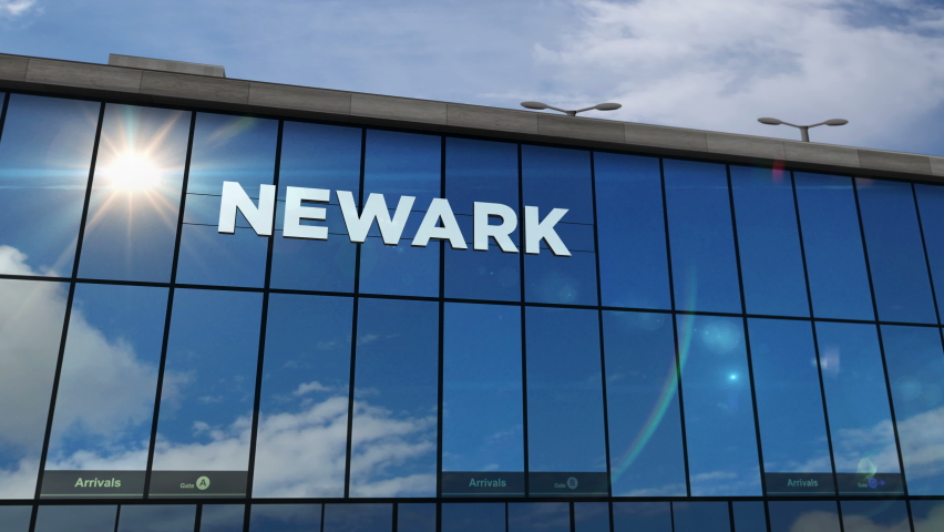 Plane landing at Newark, New Jersey, USA 3D rendering animation. City arrival with the glass airport terminal and reflection of the jet aircraft. Travel, business, tourism and transport concept.