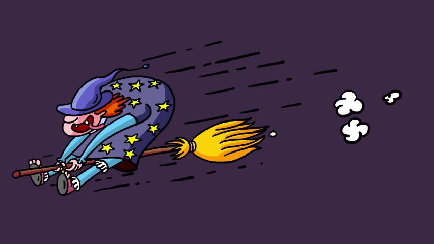 Old woman on flying broom. Isolated cartoon crazy doodle character. Seamless loop, alpha channel.