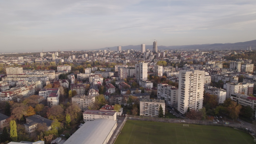 Aerial view of green parks and buildings in Sofia, Bulgaria