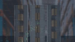 Animation of statistics processing over cardboard boxes on conveyor belts in background. global shipping, delivery, online shopping and connections concept digitally generated video. - Powered by Shutterstock - Get 15% off with code: PIKWIZARD15