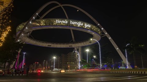 Kolkata, West Bengal, India- November 10 2021: Time lapse of moving traffic in-front of Biswa Bangla gate, Kolkata at night