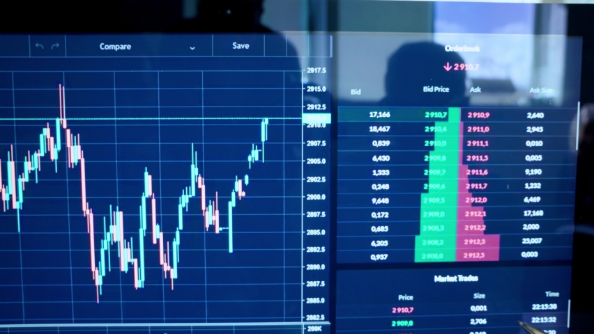 Two traders brokers stock exchange market investors discussing crypto trading charts growth using pc computer pointing at screen analyzing financial risks, investment profit forecast. Over shoulder Royalty-Free Stock Footage #1082263898