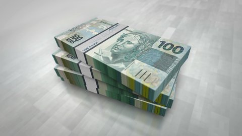 Brazilian Real money pile pack. Concept background of economy, banking, business, crisis, recession, debt and finance in Brazil. 100 BRL banknotes stacks animation.