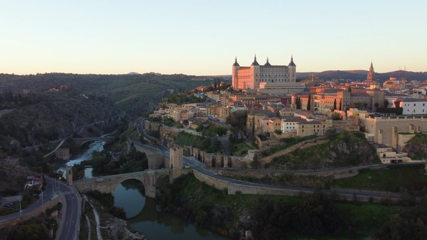 Aerial view of the majestic fortress of the XVI century of the Castilia kings in Toledo, Spain, UHD, 4K Royalty-Free Stock Footage #1082266607