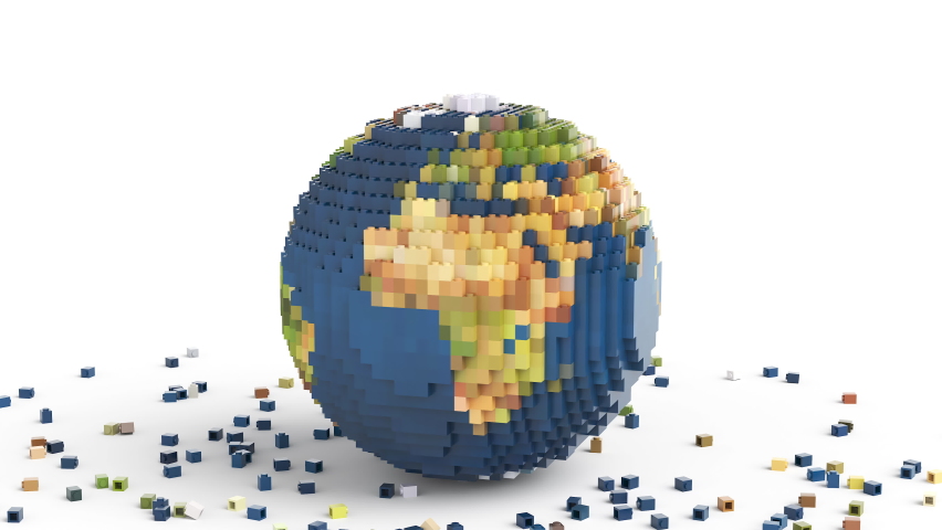 Earth planet assembling from toy bricks then exploding and scattering to huge pile of toy bricks and disappearing in the end. Earth Day or environment pollution concept. 3d rendering | Shutterstock HD Video #1082268005
