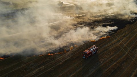 Cinematic shot fire truck and firefighters on burning field with dry stubble and smoking flame at evening. Emergency case for danger mission and rescue nature saving concept