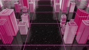 Pink Isometric city landscape on black cosmic background with flying white particles. Animation. Colorful contrasting city project. - Powered by Shutterstock - Get 15% off with code: PIKWIZARD15