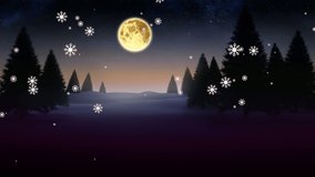 Animation of snowflakes falling at night, over trees, christmas star string lights. christmas, tradition and celebration concept digitally generated video.