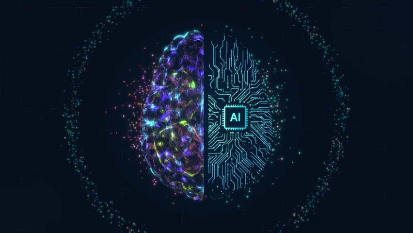 Artificial intelligence brain animation. Futuristic human brain interface concept. Robotic system. Intellectual programming of future human. AI Digital background. Motion design 4k